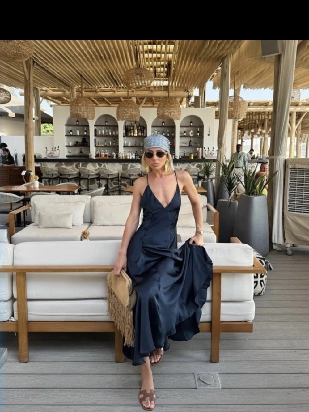 Zara Navy Satin Slip Maxi Dress with V-Neck